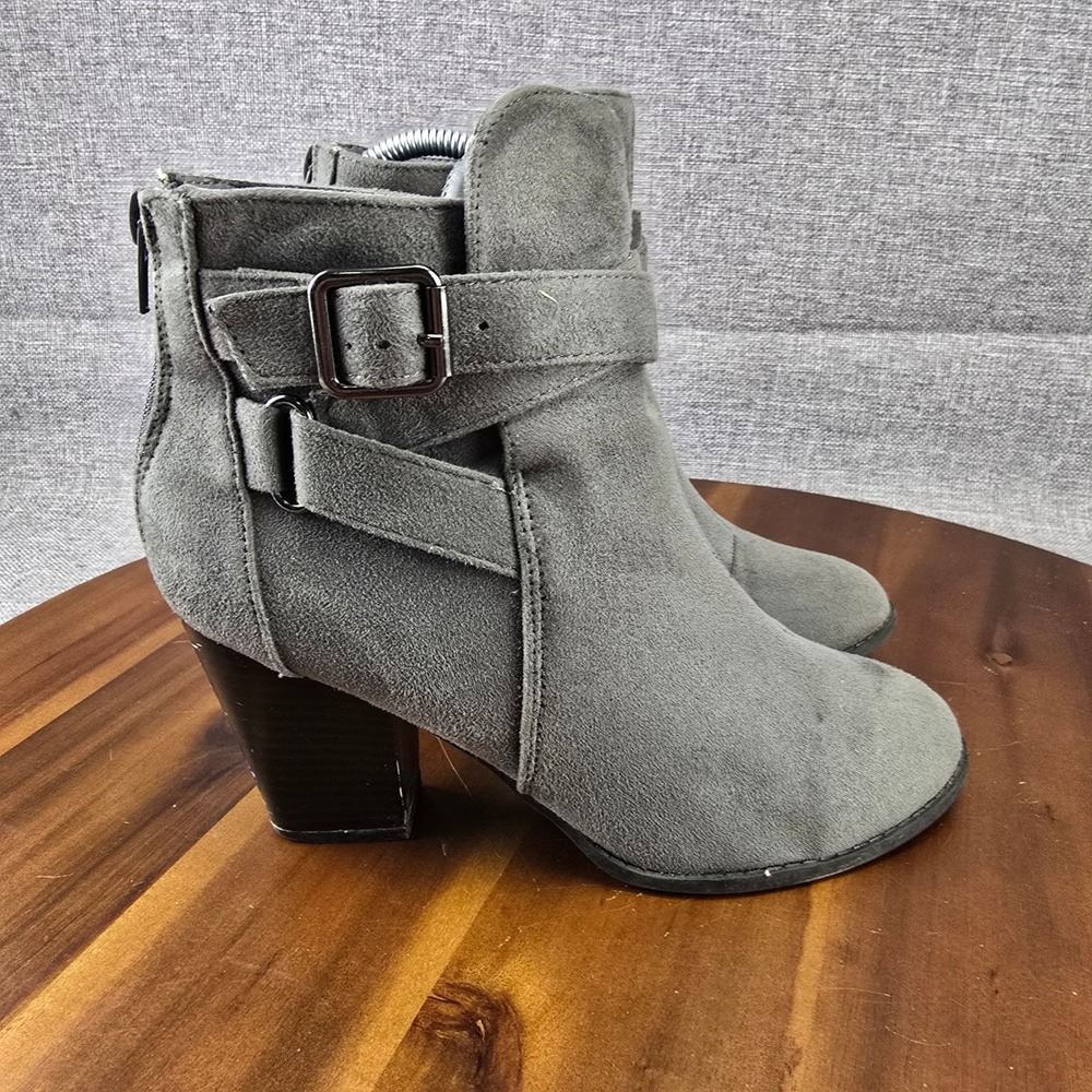Aubree Women's Gray‎ Faux Suede Ankle Booties with Buckle Detail - Size 7